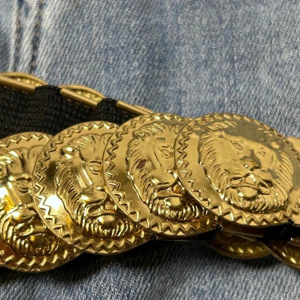 Vintage Gold Tone Lion Head Coin Stretch Belt Black Elastic Medallion 80s Sz S/M